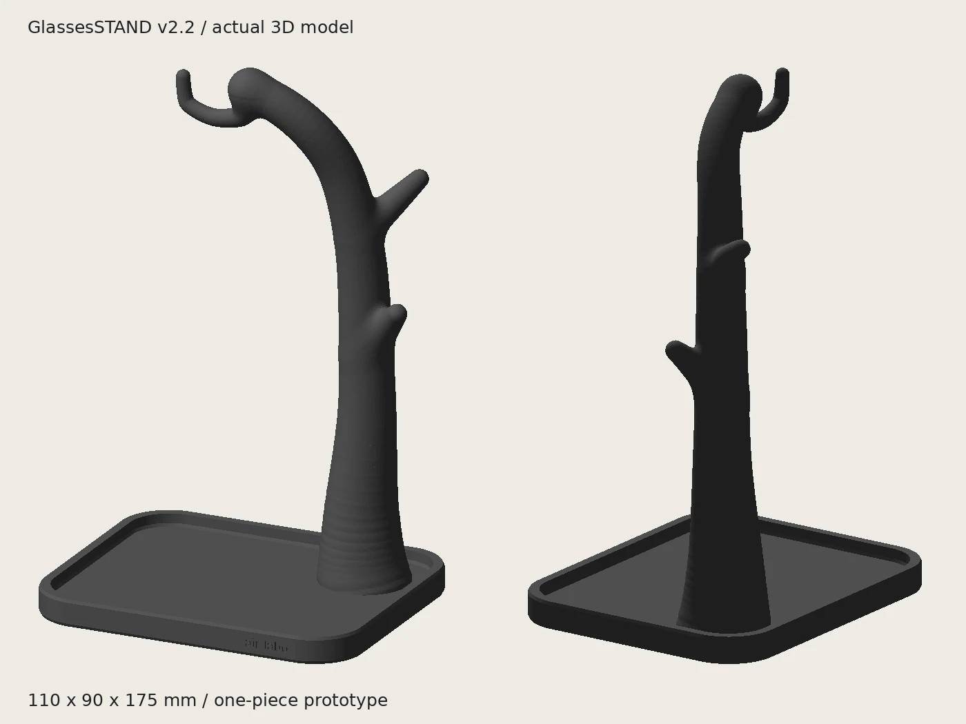 細いフックと厚みを残した根元を持つGlassesSTAND v2.2の設計モデル